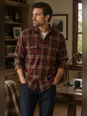 Field & Stream Burgundy and Tan Plaid Heavy Weight Cotton Flannel Shirt M